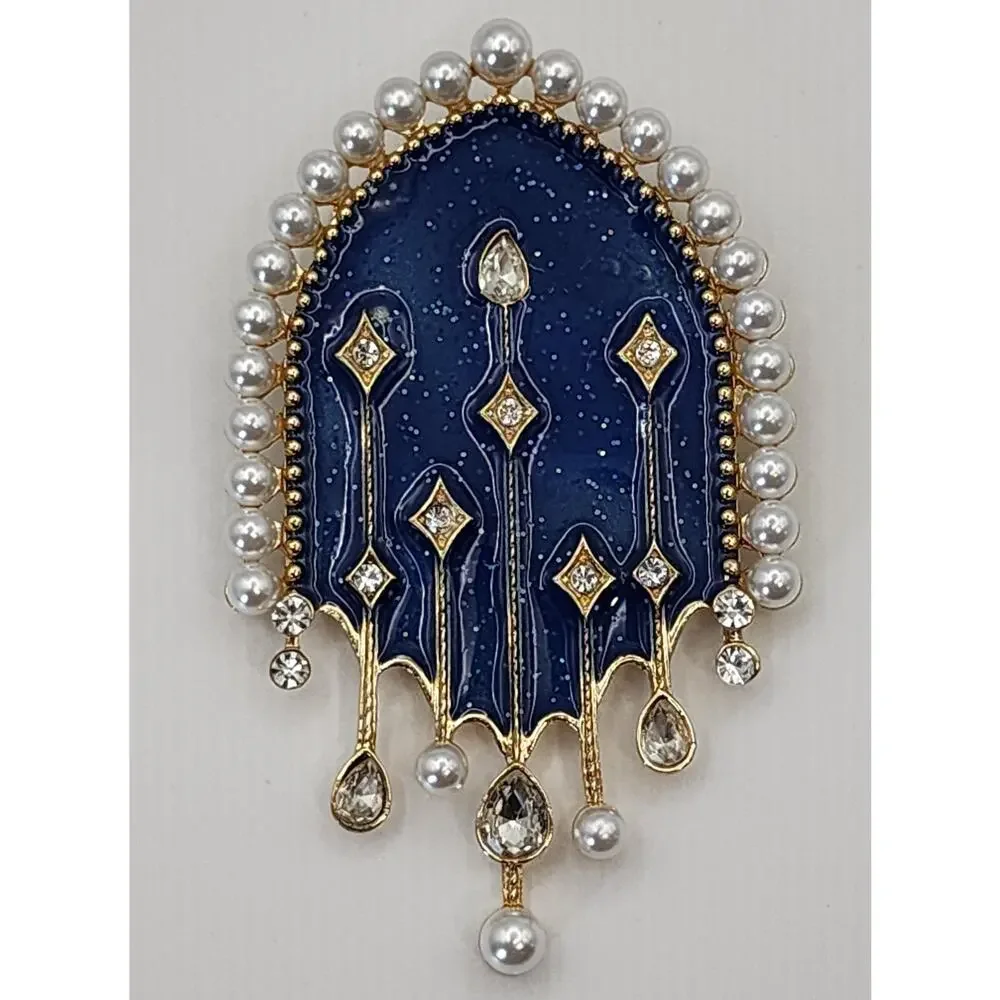 Blue Enamel & Faux Pearl Brooch Starry Night Shield Design & Hanging Rhinestones